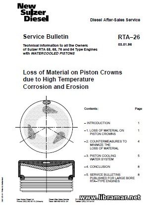 SULZER RTA—58—68—76—64 TYPE DIESEL ENGINES S. BULLETIN — LOSS OF MATERIAL ON PISTON CROWNS DUE TO HIGH TEMPERATURE CORROSION AND EROSION