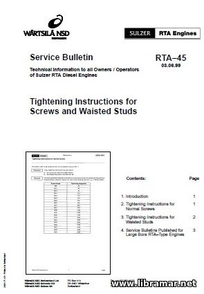SULZER RTA DIESEL ENGINES SERVICE BULLETIN — TIGHTENING INSTRUCTIONS FOR SCREWS AND WAISTED STUDS