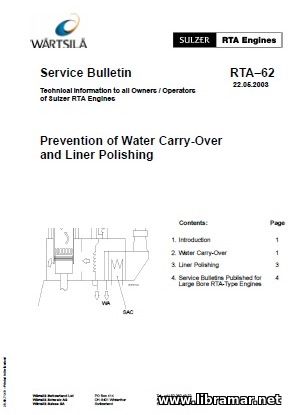 SULZER RTA—62 DIESEL ENGINES SERVICE BULLETIN — PREVENTION OF WATER CARRY—OVER AND LINER POLISHING