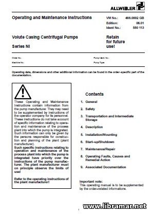 VOLUTE CASING CENTRIFUGAL PUMPS — OPERATING AND MAINTENANCE INSTRUCTIONS